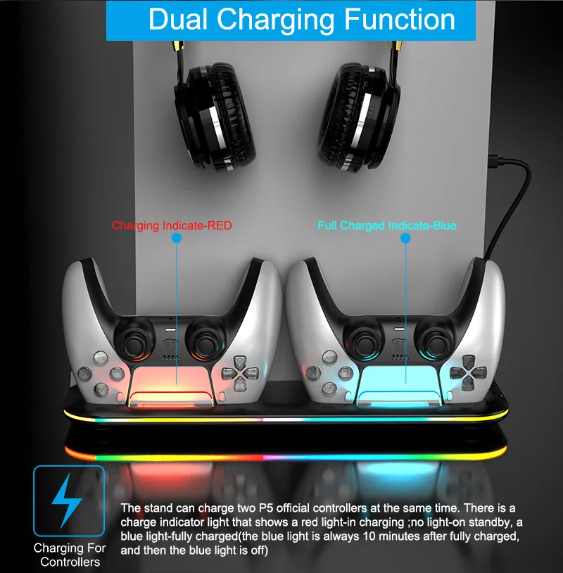 Vertical Gaming Accessories For PS5 Stand Cooling Station with RGB Light Cooling Fan Dual Controllers Charger For Playstation5