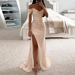 Sexy Sequin Evening Party Prom Long Dress Women Elegant V-Neck Gown Dress Off Shoulder Slim High Split Gown Female Vestidos