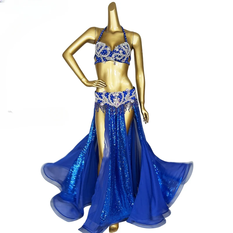 Belly Dance Competition Costume Hand Made Beading Bra and Long Skirt Belt Three-piece Outfit Customiza Indian Oriental Dance Set