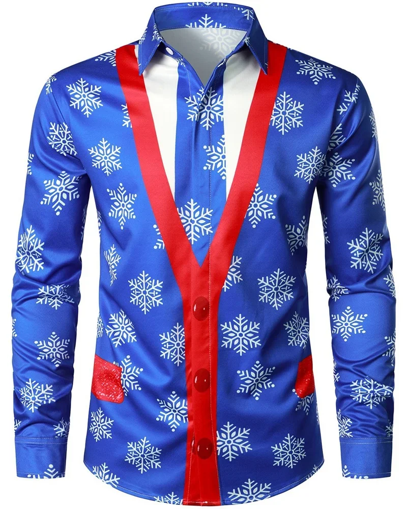 Snowflake 3D Printed Casual Men\'s Shirt Christmas Autumn and Winter Long Sleeve Lapel Ruby Top XS-6XL Stretch Fabric Shirt