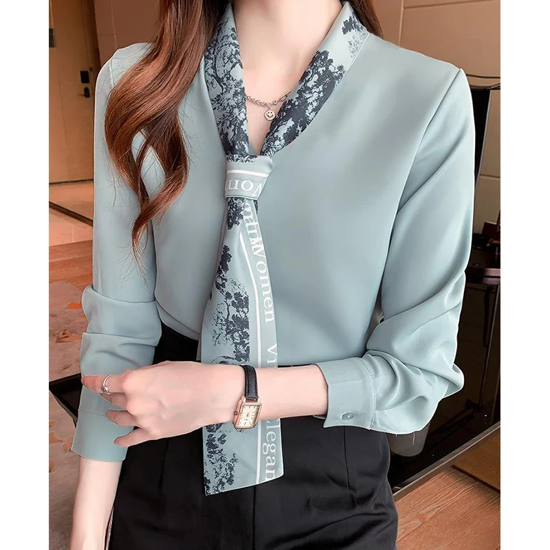 Spring Autumn Korean Fashion Scarf Collar Elegant Shirt Office Lady Long Sleeve Temperament Bottoming Blouse Women Cardigan Top