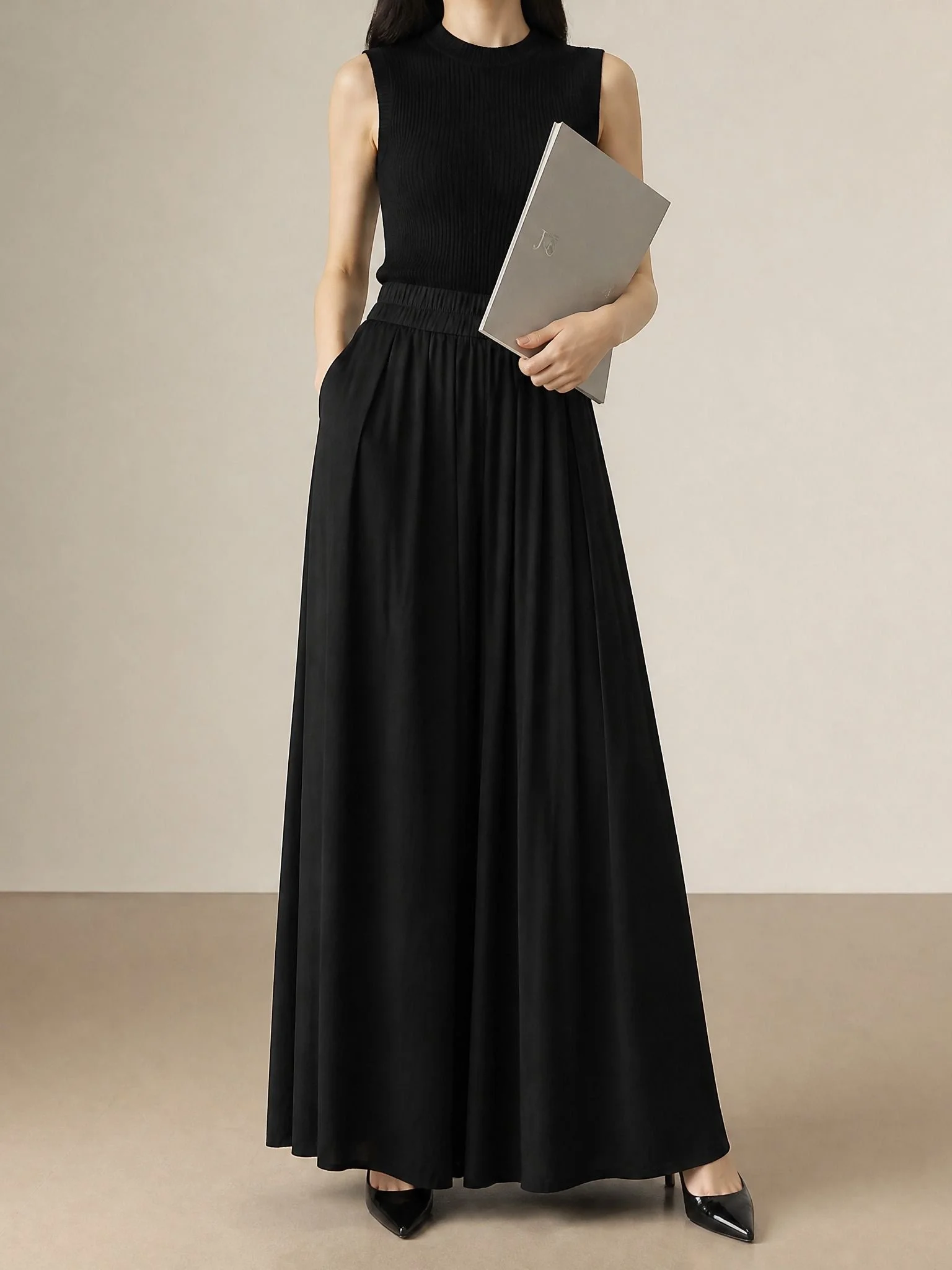 

Summer New Style Loose Fashionable Retro Slimming Wide Leg Pants Elastic Waist Draped Pure Color Casual Straight Leg Trousers