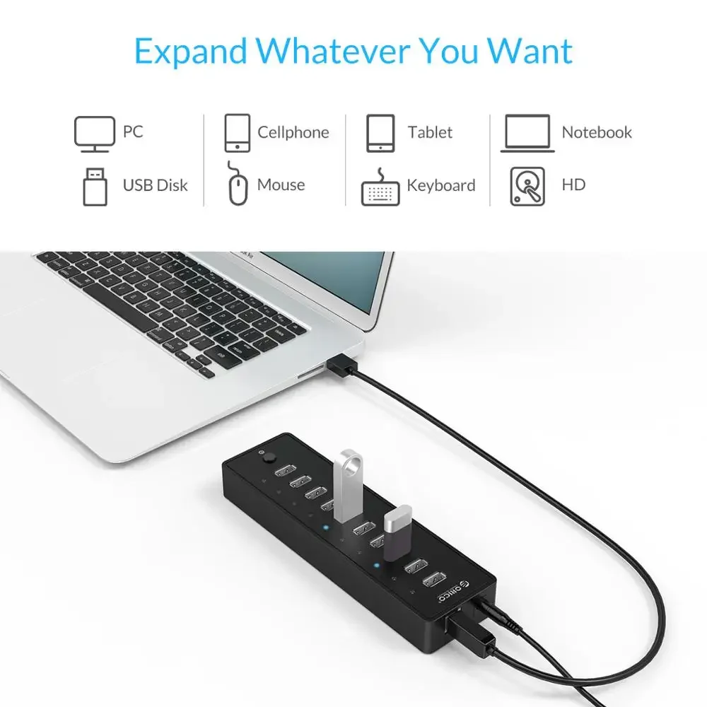 ORICO-HUB USB 2,0 con 10 puertos ABS, adaptador de corriente de 12V, divisor USB de alta velocidad para PC, accesorios de ordenador, Cable de datos