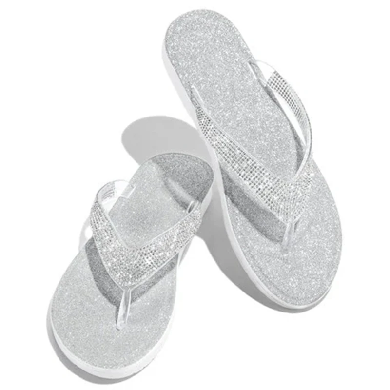 2022 Women\'s Flip Flop Slippers Slides Bling Rhinestone Ladies Shoes Casual Summer Flat Female Crystal Glitter Woman Plus Size