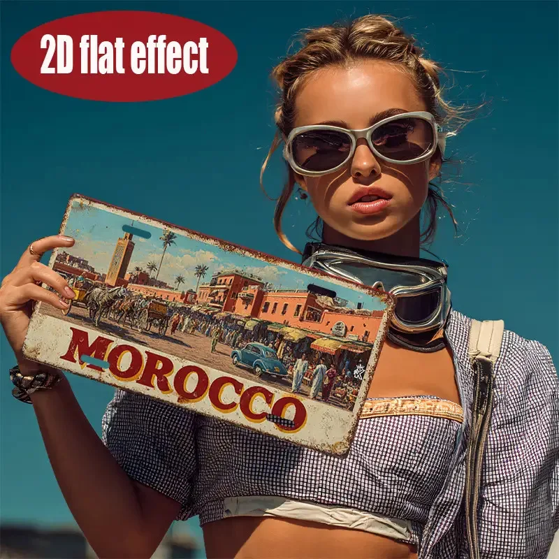 HD Aluminum Print, Vintage Morocco Marrakech Medina Souk Retro License Plate Style Wall Art, High Definition Bend-Resistant Meta