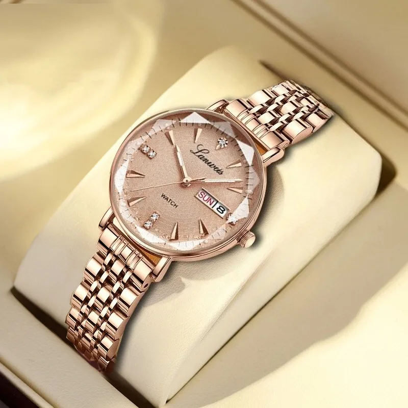 

Женские часы, модные кварцевые часы со светящимся циферблатом, стальным ремешком и календарем, с застежкой-бабочкой