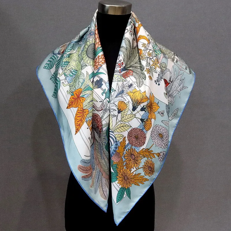 

Двусторонний шелковый платок-шарф 100% шелк, весна 2026, женский, с цветочным узором, 88x88 см