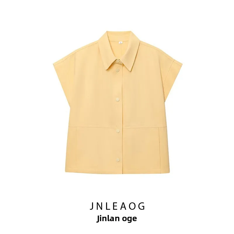 JNLEAOG 春の新作 レディース ルーズベスト ファッションデザイン カジュアルスタイル ポリエステル繊維 半袖 ボタンアップ 無地シャツ