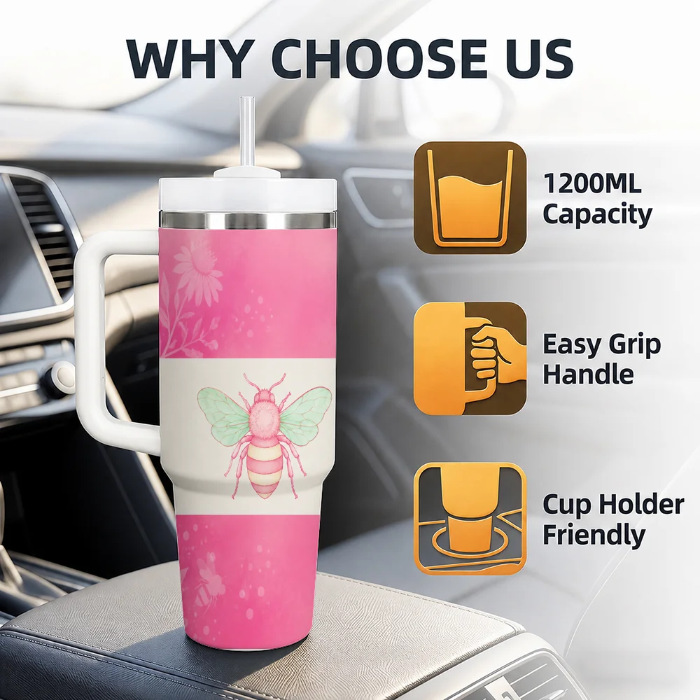 Pink Insect Gift for Girls Vacuum Flasks 40oz Stainless Steel Insulated Tumbler With Handle & Straw Leakproof Travel Mug