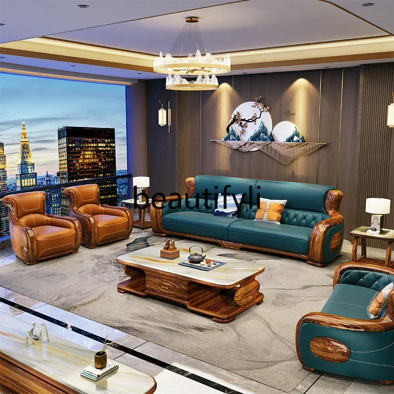 

2003 Modern new Chinese villa ebony sofa living room solid wood furniture first layer cowhide leather sofa combination