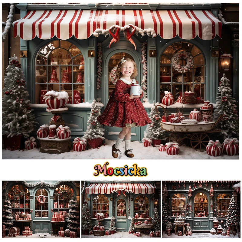 Christmas Shop Background Xmas Store Tree Door Wall Backdrop Photography Props Kids Family Girl New Year Decoration Photo Studio