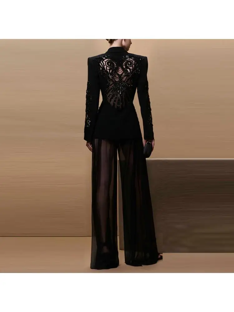 

2025 Summer Elegant Fashion Mesh Stitching Sequins Beaded Suit And Chiffon Trousers Pant Sets For Women 2 Pieces