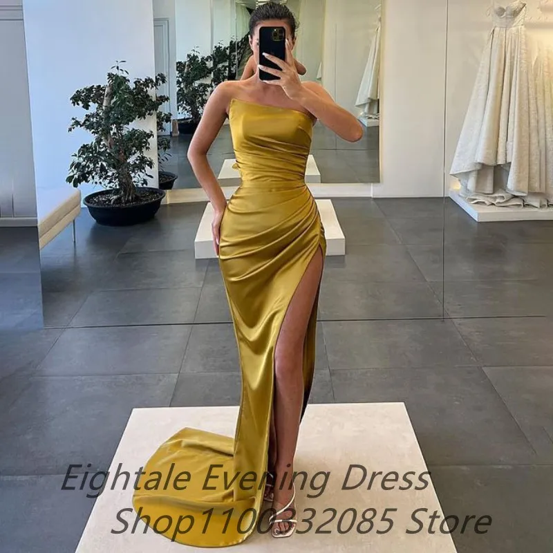 Eightale 2023 Champagne Satin Prom Dress Sexy Slit Evening Party Dress Strapless Women Formal Prom Gown Robes De Soirée