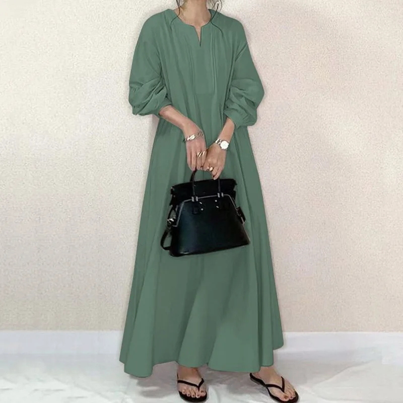 

Female Dress 2023 Autumn New Long Sleeve V-neck Draped Solid Fashion Elegant Casual Loose Simplicity A-line Dress Women Clothing
