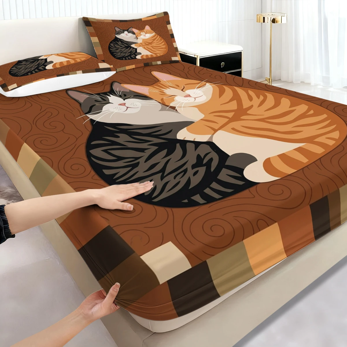 Warm Brown Tone Hugging Kitten Fitted Sheet 3PCS, Swirl Texture Cat Pattern Elastic Mattress Cover with Pillowcases