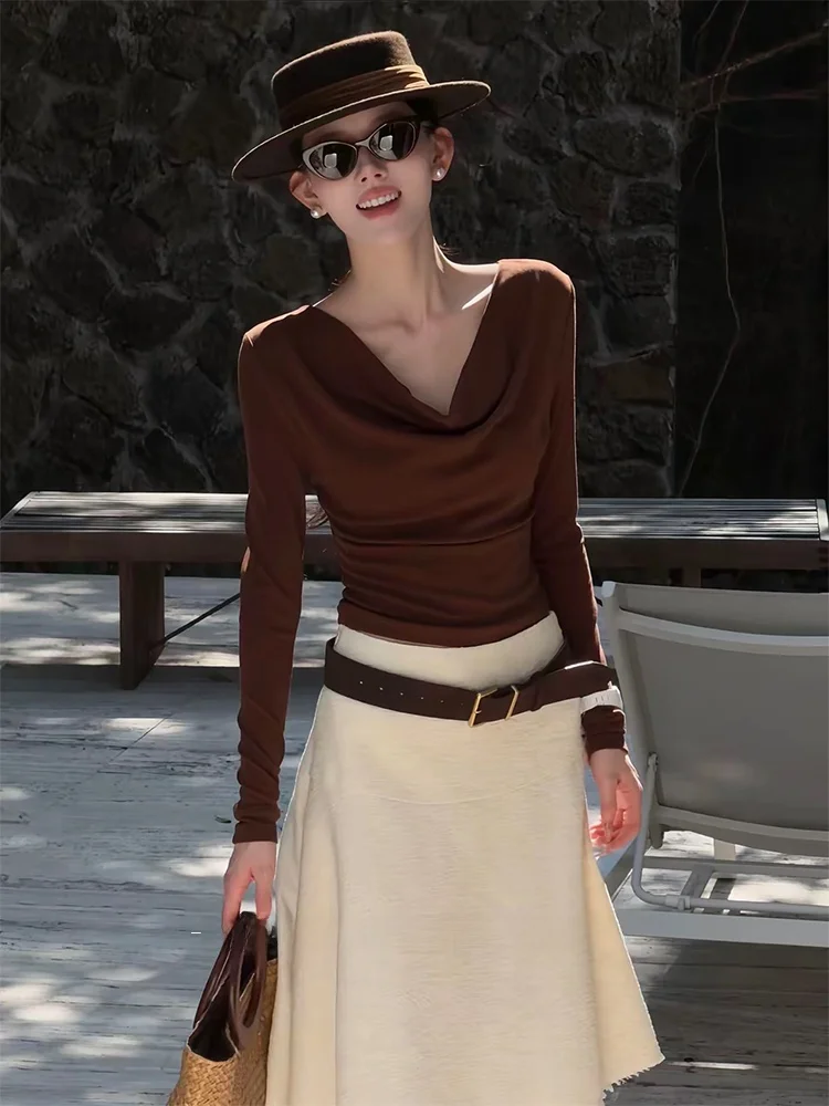 

Комплект Luhe Private Label: вязаный топ из шерстяной смеси с хлопковой юбкой, высокий воротник, модный, с цветочным узором, свободный крой, винтажный стиль