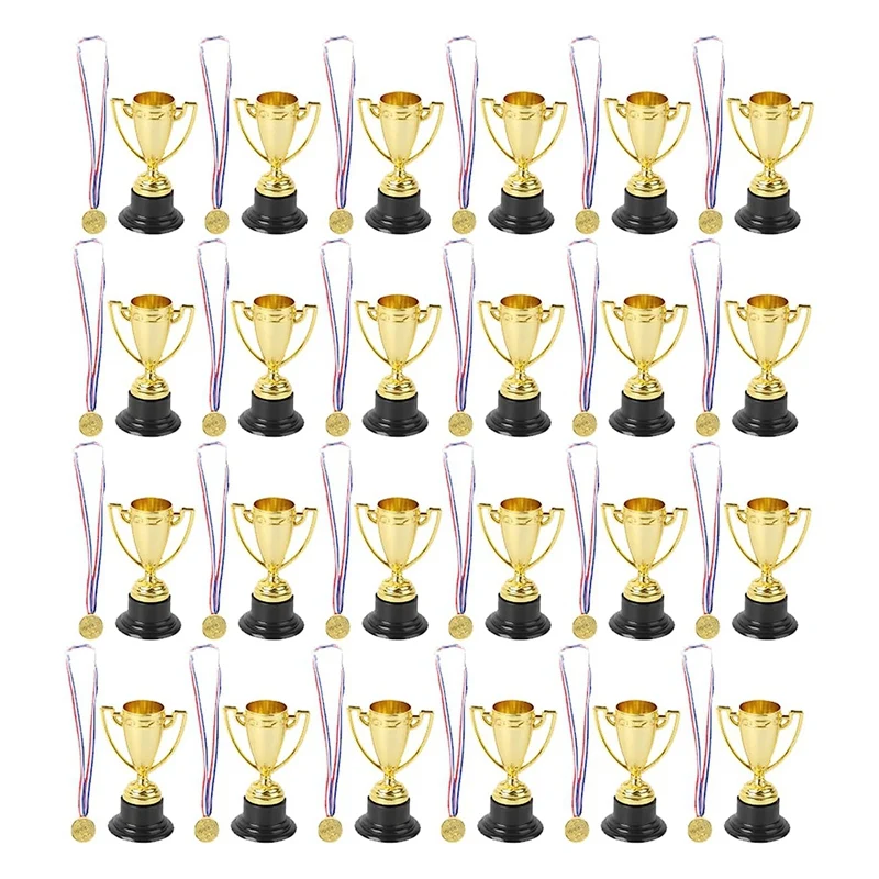 48 PCS Trophy And Medals Set 24Pcs Gold Plastic Trophy Cup And 24 PCS Medals For Kids Sports Awards, Party Favors Durable In Use