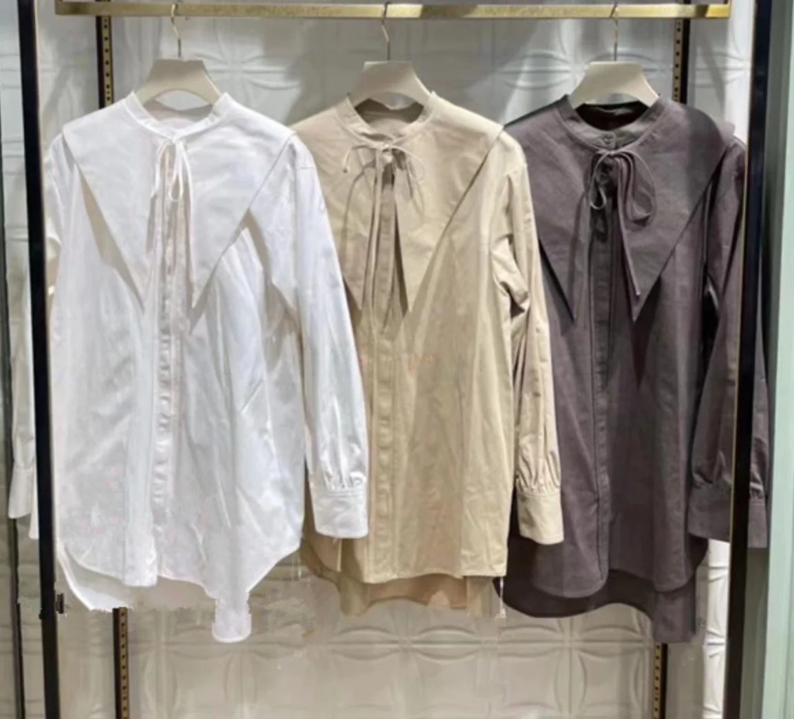 

Элегантная однотонная рубашка с длинным рукавом, съемным воротником-бантом, для повседневной носки, простой дизайн, хлопок, женская, премиум-качество