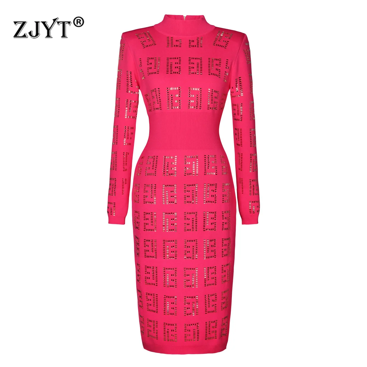 

ZJYT Autumn Winter Luxury Diamonds Knitting Sweater Dresses for Women 2024 Fashion Stand Collar Vintage Party Dress Vestidos