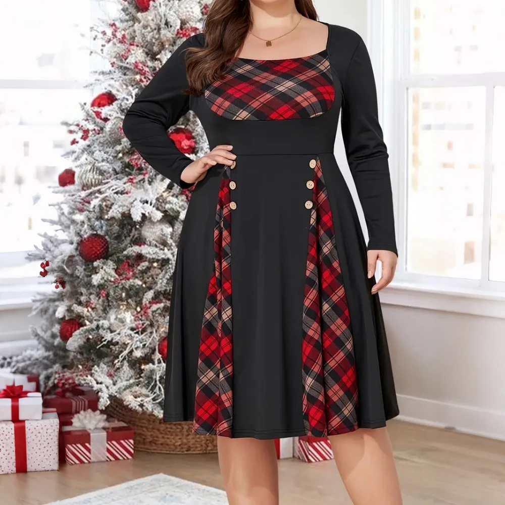 Christmas Party Women\'s Dress Plus Size Elegant Plaid Colorblock Button Vintage Festival A-line Dress Streetwear 2024 New Year