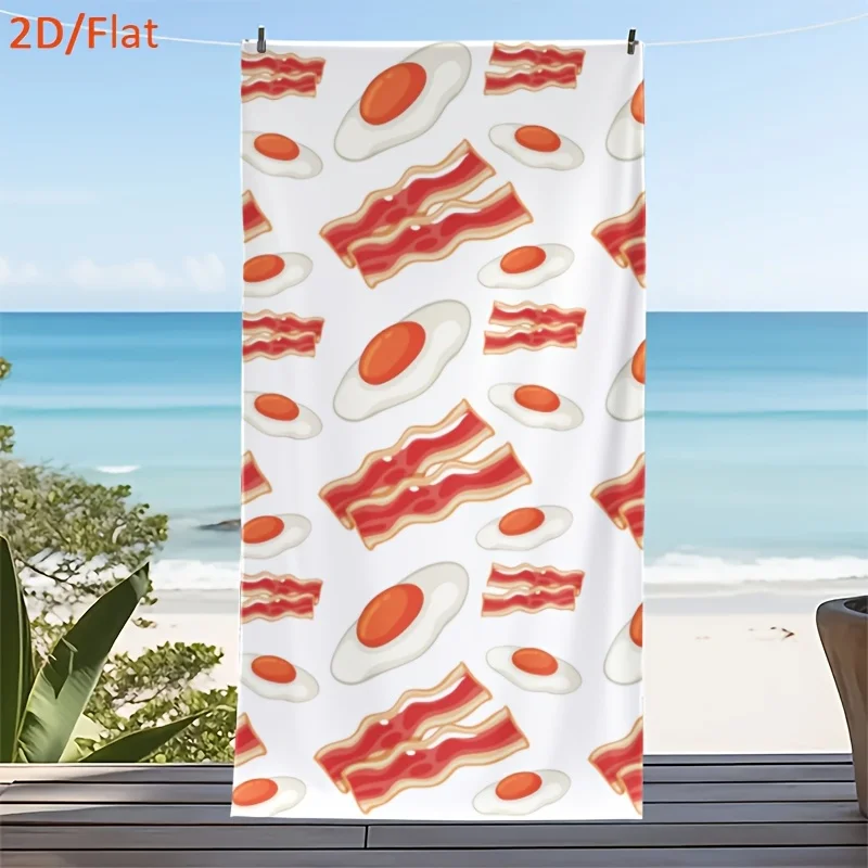 

1pc 2D Flat Bacon and Eggs Beach Towel Breakfast Food Print Funny Design QuickDry Soft Microfiber BathTowel For Food Lovers Gift