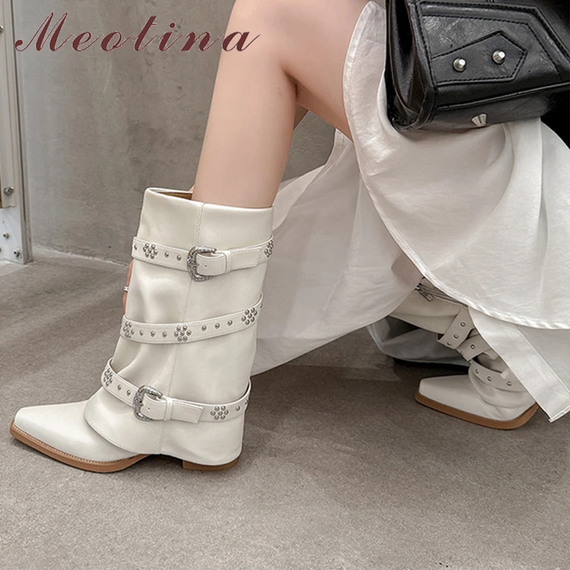 

Meotina Women Mid Calf Boots Pointed Toe Thick High Heels Buckle Rivets Zipper Ladies Fashion Shoes Autumn Winter Black Beige 42