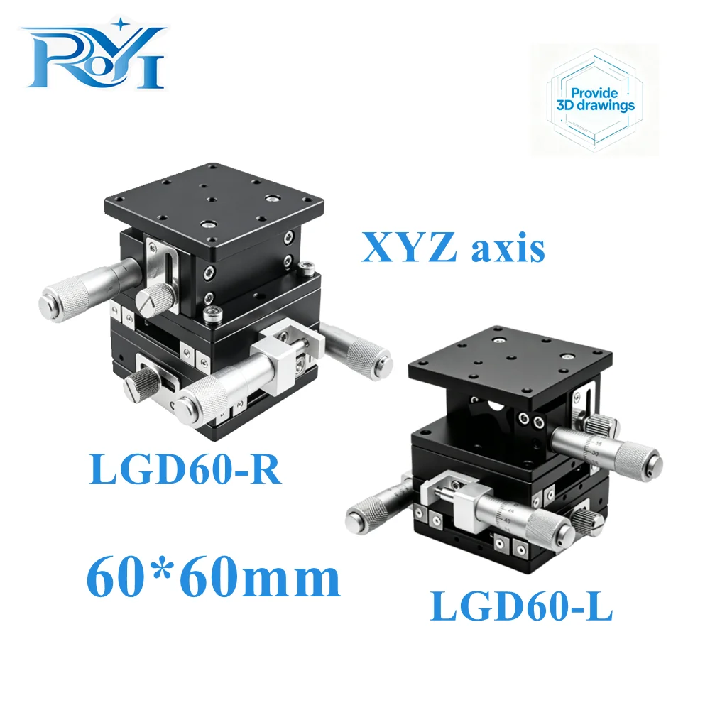 XYZ-Axis LGD60 60mm Precision Manual Linear Stage Roller Guide Displacement Platform Micrometer Driven Fine-Tuning Sliding Table