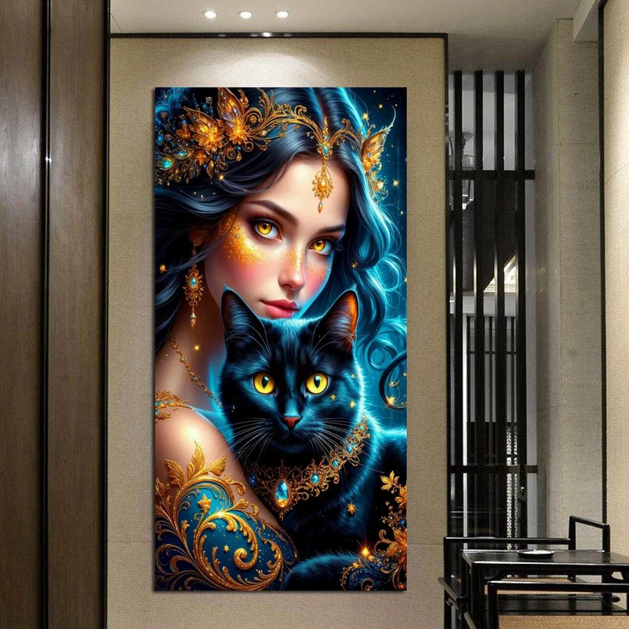 

Beautiful Woman and Black Cat Picture Large Size Diy Diamond Painting Animals Full Square Round Drill Mosaic Embroidery Kits