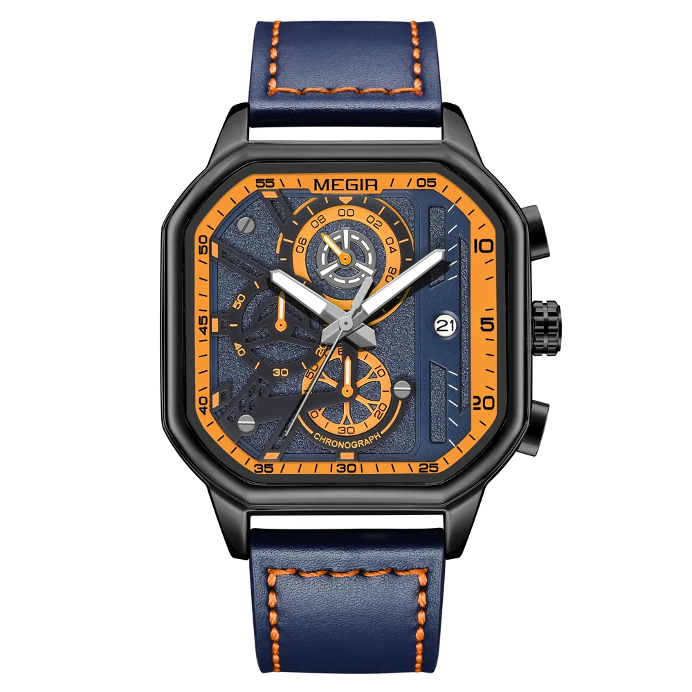 MEGIR Square Dial Watch Men Waterproof Chronograph Military Male Clock Top Brand Luxury Leather Auto Date Man Sport Wristwatch