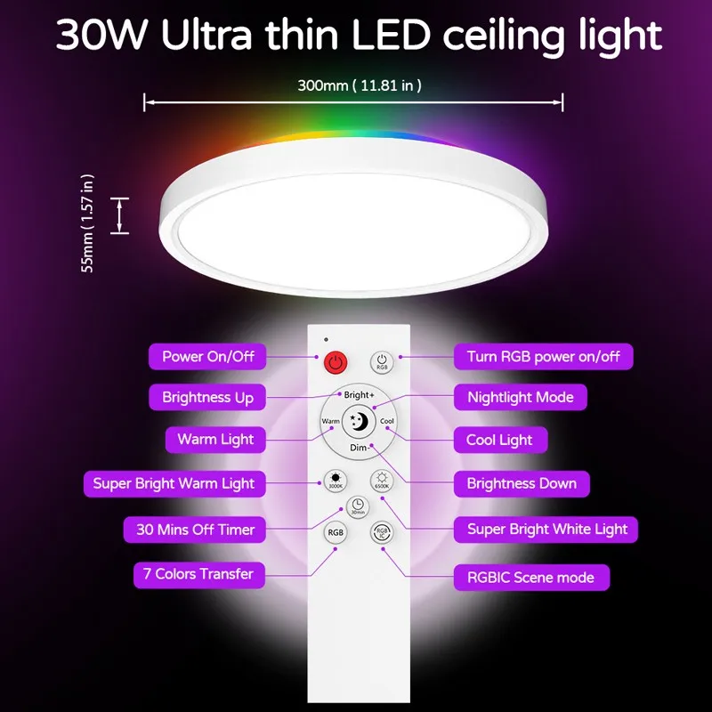 ZAOXI Smart WIFI Bluetooth Remote Control Dimming And Color Matching Alexa Voice Modern RGB Color Ceiling Light 30W 2700K-6500K