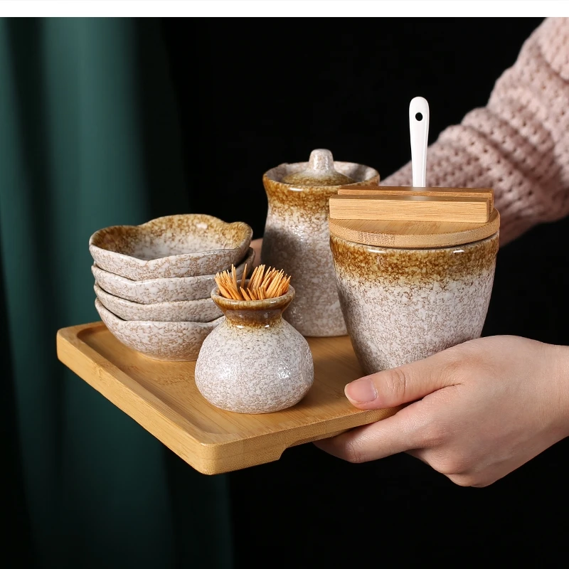 Japanese ceramic salt shaker chili pot soy sauce bottle vinegar seasoning toothpick holder set 7 piece box