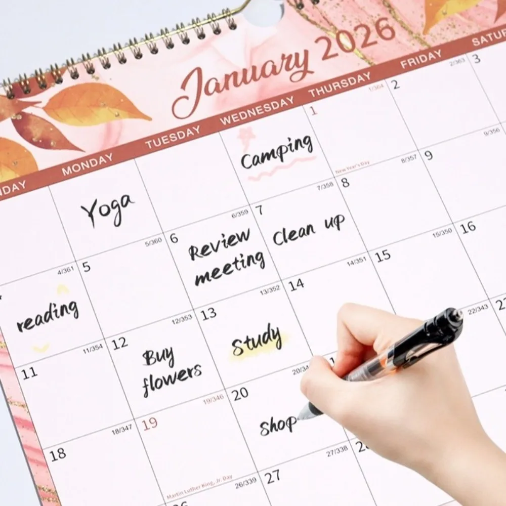 

Новый настенный календарь на 2026 января-дел. со спиральным переплетом, подвесной календарь на 12 месяцев с цветочным узором, настенное крепление, настенный планировщик для офисного использования