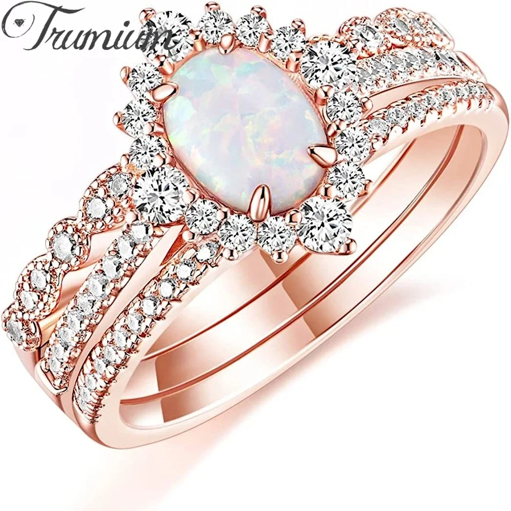 Trumium 3Pcs Rose Gold Stackable Rings 1.5CT Oval Bridal Ring Sets Opal Knuckle Ring  Engagement  CZ Wedding Band for Women