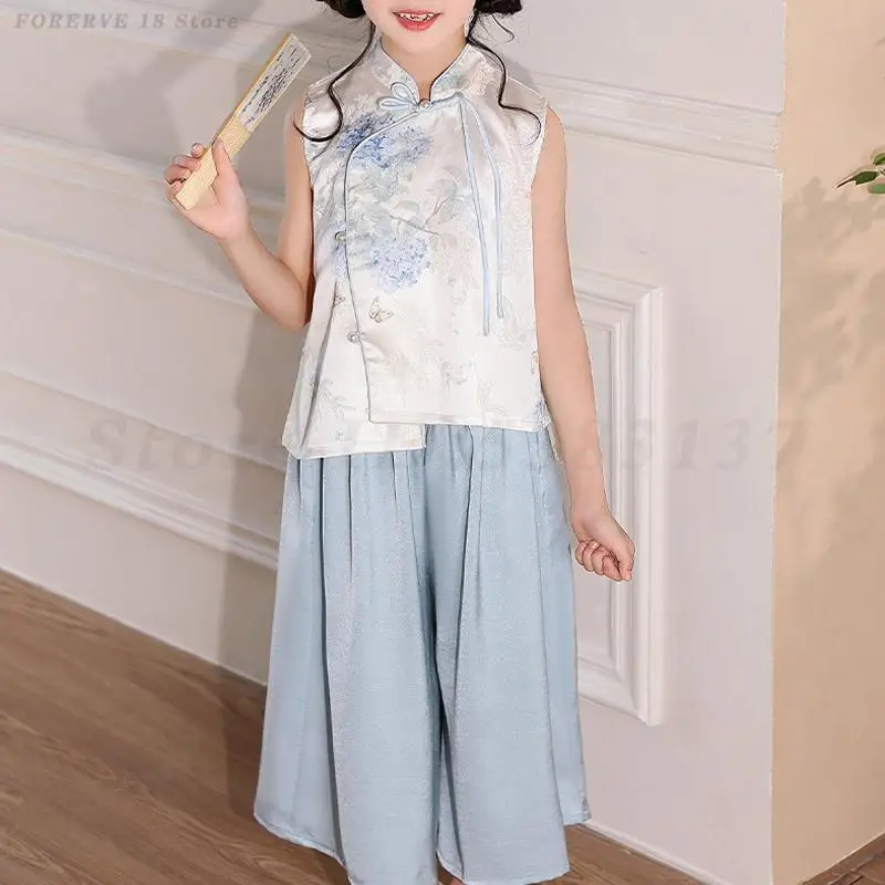 

Girl Sleeveless Cheongsam Set Vintage Loose Casual Hanfu New Chinese Style Vest Wide Leg Pants Outfit Ancient Oriental Tang Suit