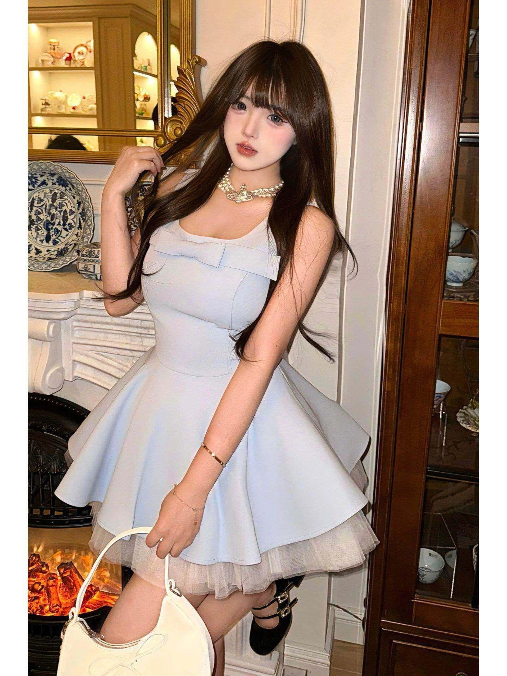 robe-elegante-a-bretelles-miu-style-pour-femme-style-ballet-d'ete-taille-cintree-empiecements-en-maille-jupe-courte-bouffante-coupe-standard-pour-le-quotidien