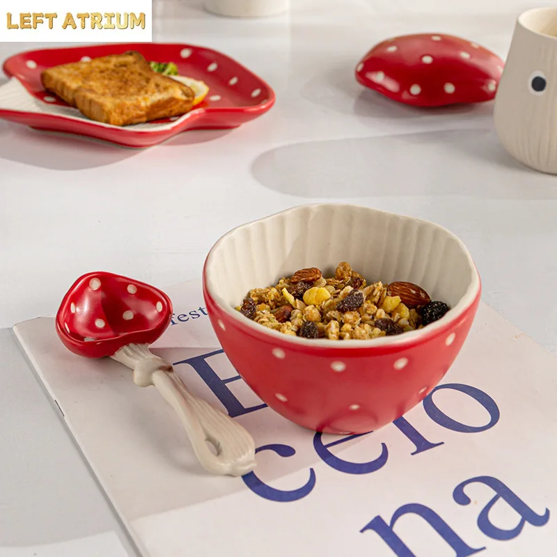 Chic Mushroom Ceramic Tableware Sets Contrast Red Color Dot Rice Bowls Salad Plates Dessert Dishes 1.2L Noodle Bowls Dinnerwares view 4