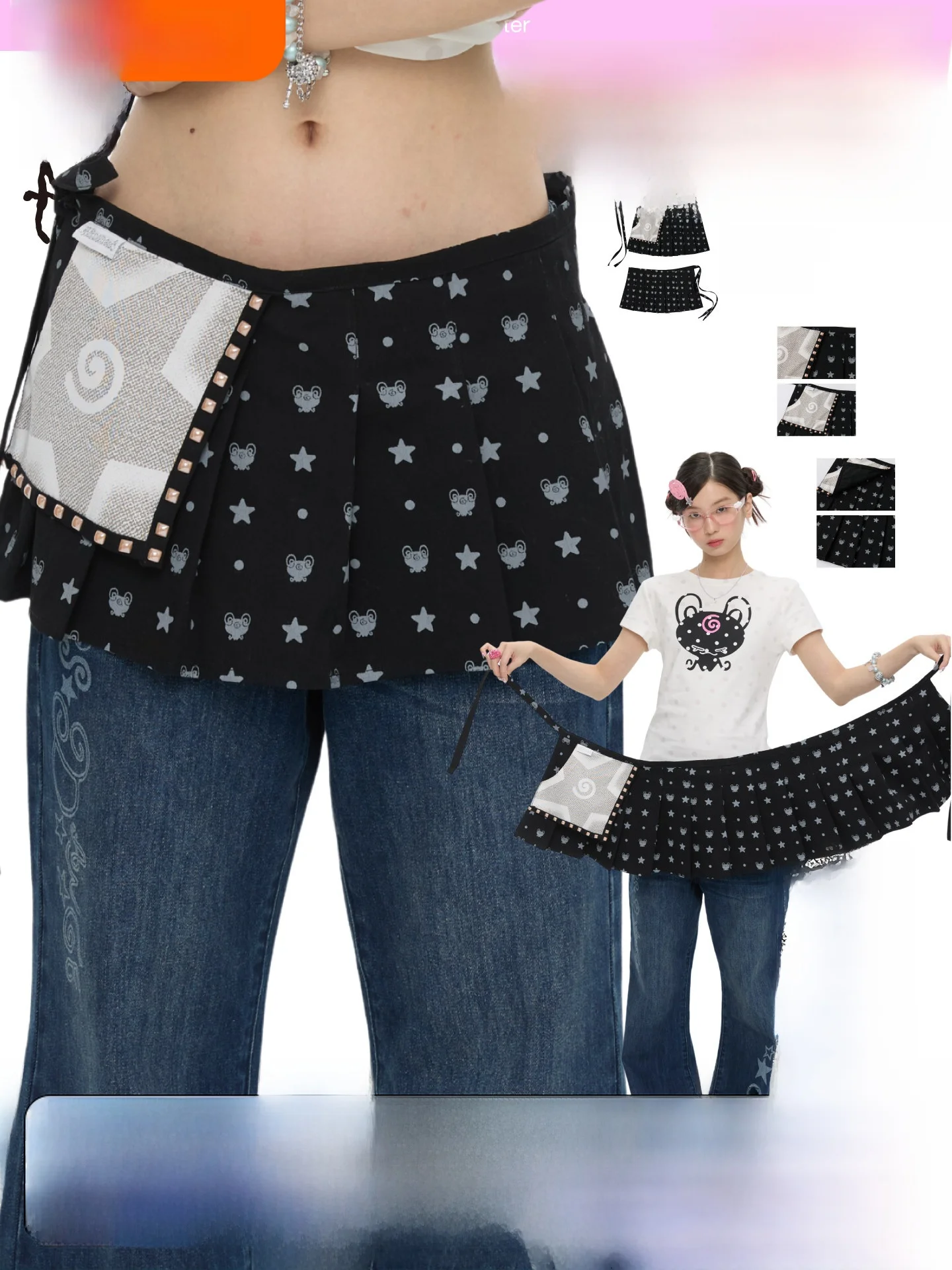 

BENAND One-Piece Printed Heat Patch ket Pleated Skirt Casual Low Waist Nylon Cotton Blend Teenage Girls Student Faion