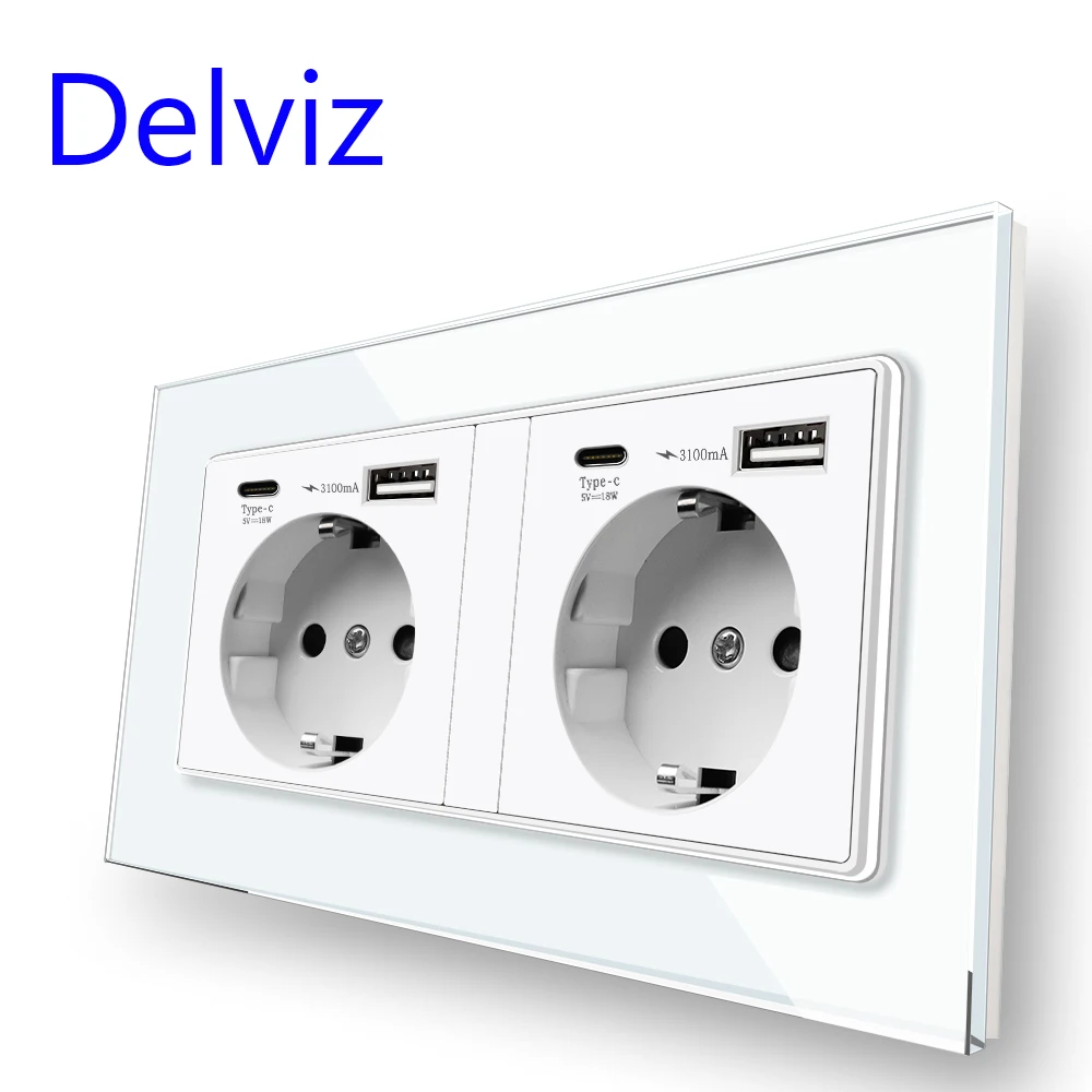 Delviz Type C USB Quick charging Socket, Crystal glass panel,EU standard Fast Charging USB Jack, Wall Embedded dual power Outlet