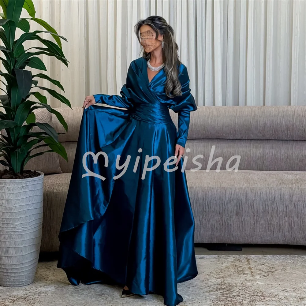 Formal Classic Charmeuse Pleat Ruched A-line V-neck Floor-Length Evening Dresses For Birthday Party Sizes Available Customized