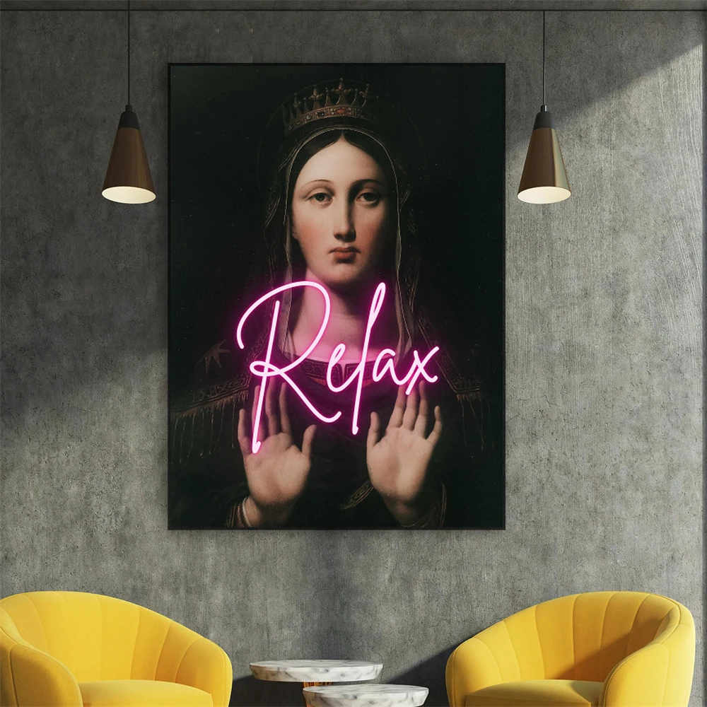 Altered Art Jesus Pink Neon Print Poster Vintage Funny Maximalist Renaissance Baroque Ironic Art Canvas Painting Home Room Decor