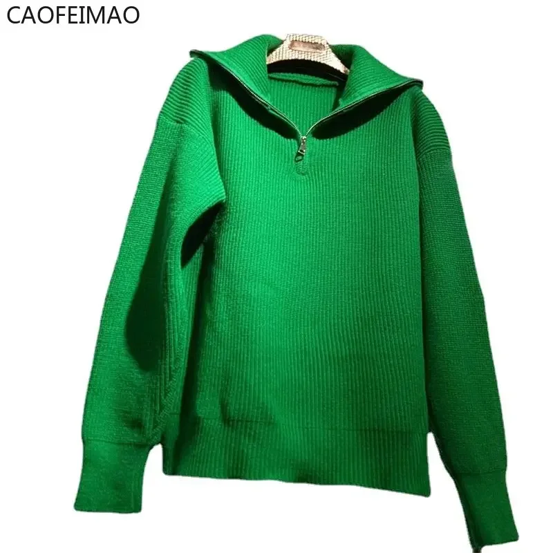Women's Turtleneck Zippers Fashion Women Sweaters Solid Green Blue Pullover Long Sleeve Casual Knitted Sweater Woman Winter 2025