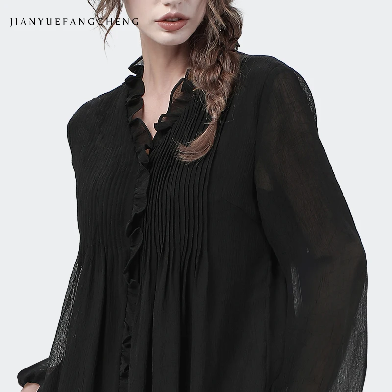 Loose-fitting Pleated Black Chiffon Blouse Women\' 2024 Spring Summer Tops Ruffles V-Neck Lantern Sleeve Plus Size Blouses