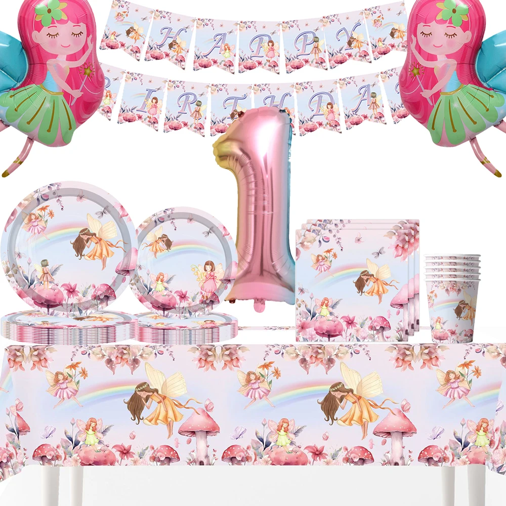 Assiettes de décoration féerique d'anniversaire, serviettes, ballons numériques, fête de 1er anniversaire pour filles, fournitures de fête prénatale à thème enchanté
