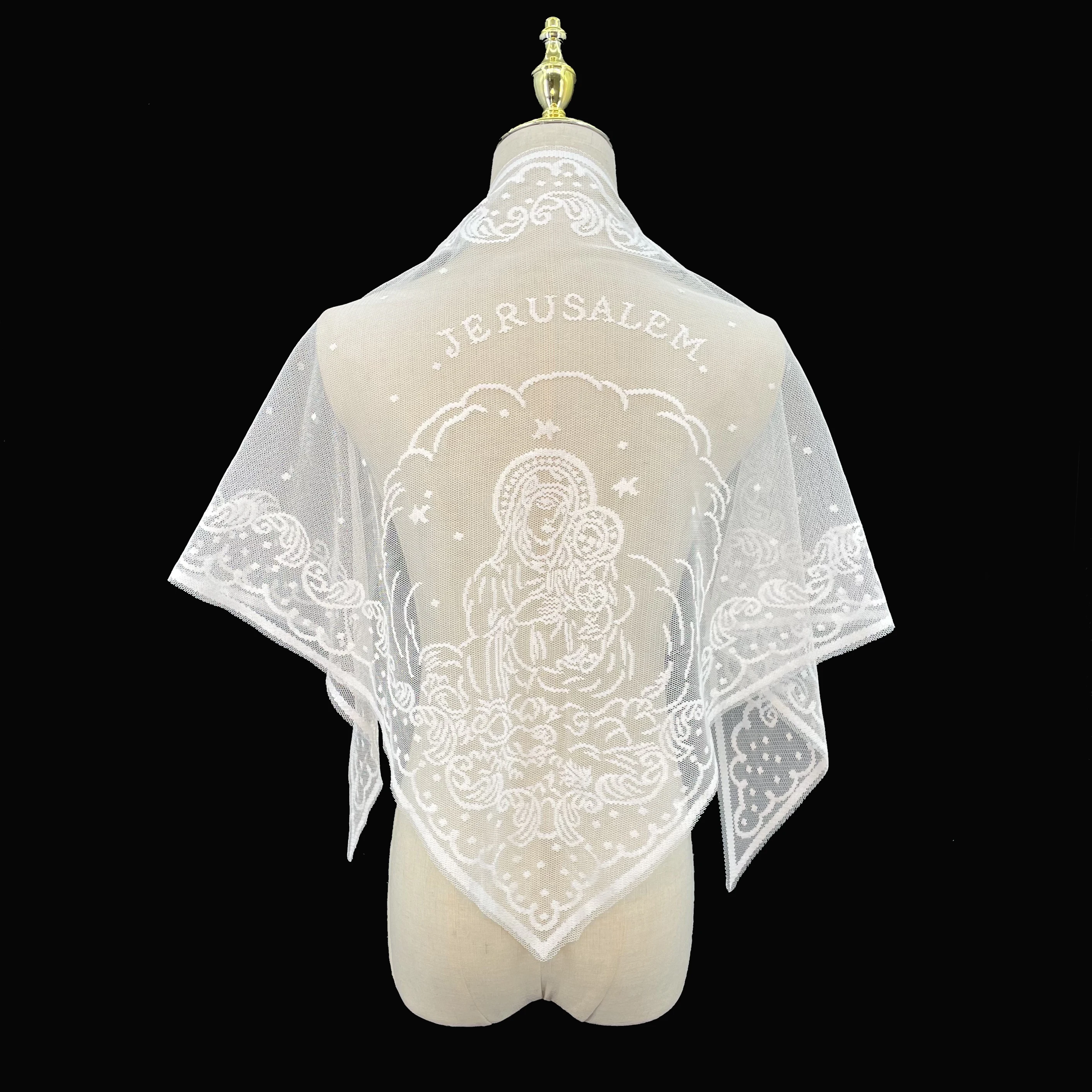1Pc Jerusalem Madonna and Child Hollow Out Embroidered Triangle Scarf Virgin Mary Shawl Hijab Catholic Mass Wedding Veil Sheer
