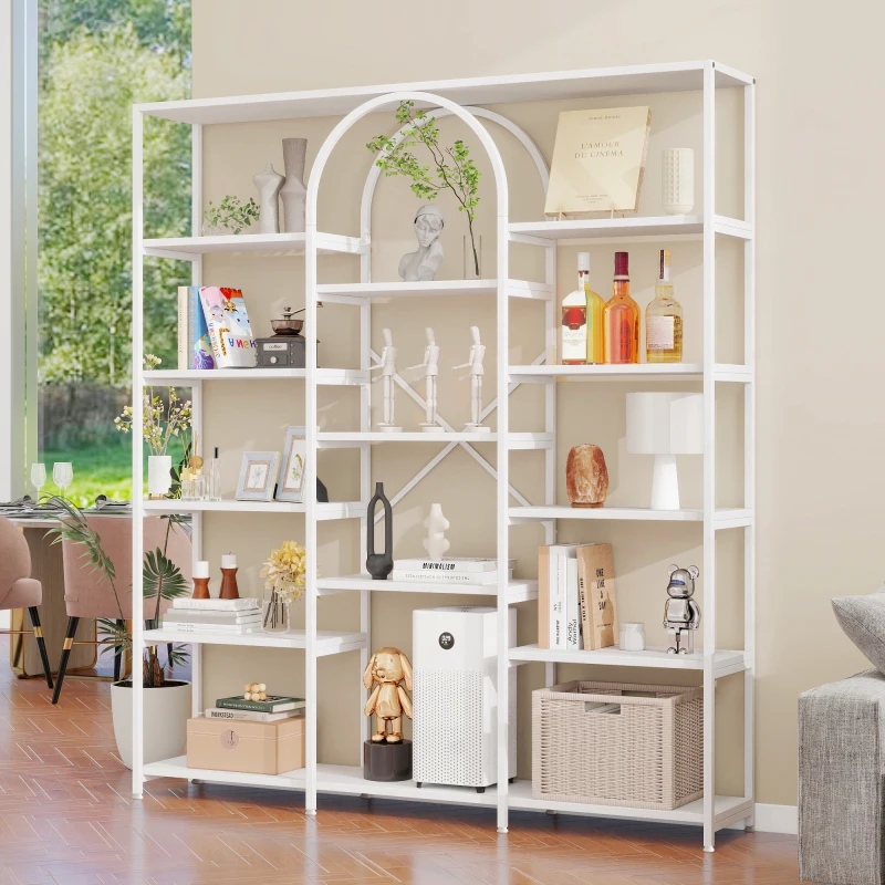 Étagère minimaliste blanche 160x30x180cm en tube d'acier et MDF avec design en forme d'arche, compartiments ouverts multi-niveaux pour livres, plantes et décoration dans le salon, la chambre et le bureau, stable et facile d'entretien, montage simple