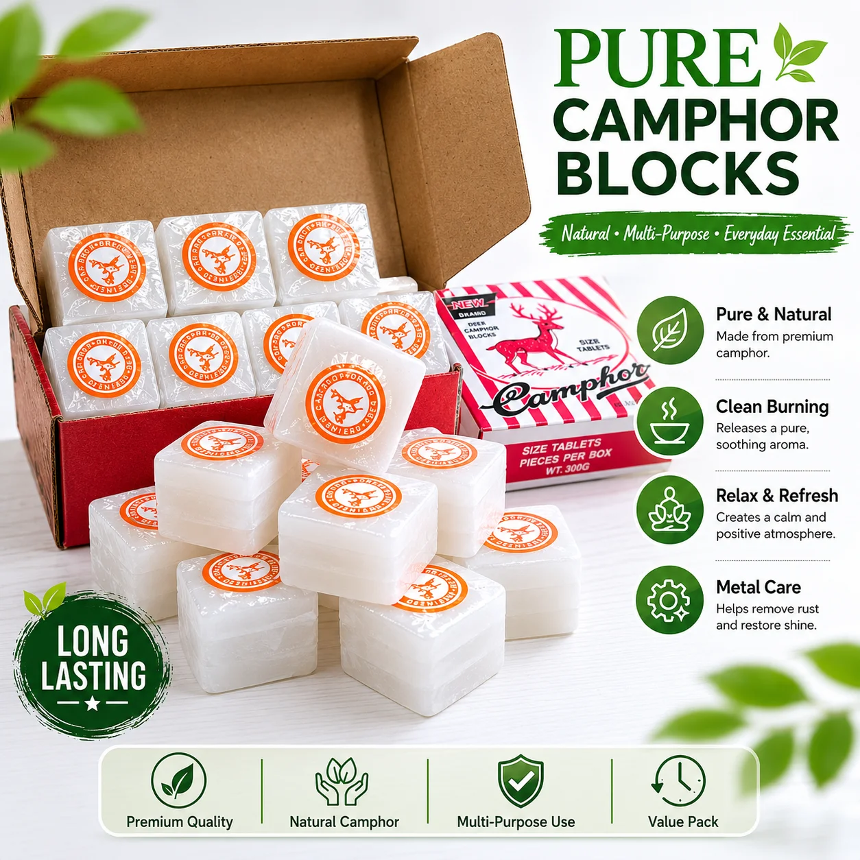 Natural Camphor Blocks,64pcs Tablets Refined Pure Camphor Cubes for Indian Pooja, Alcanfor Religious Purpose Kapoor for Pooja