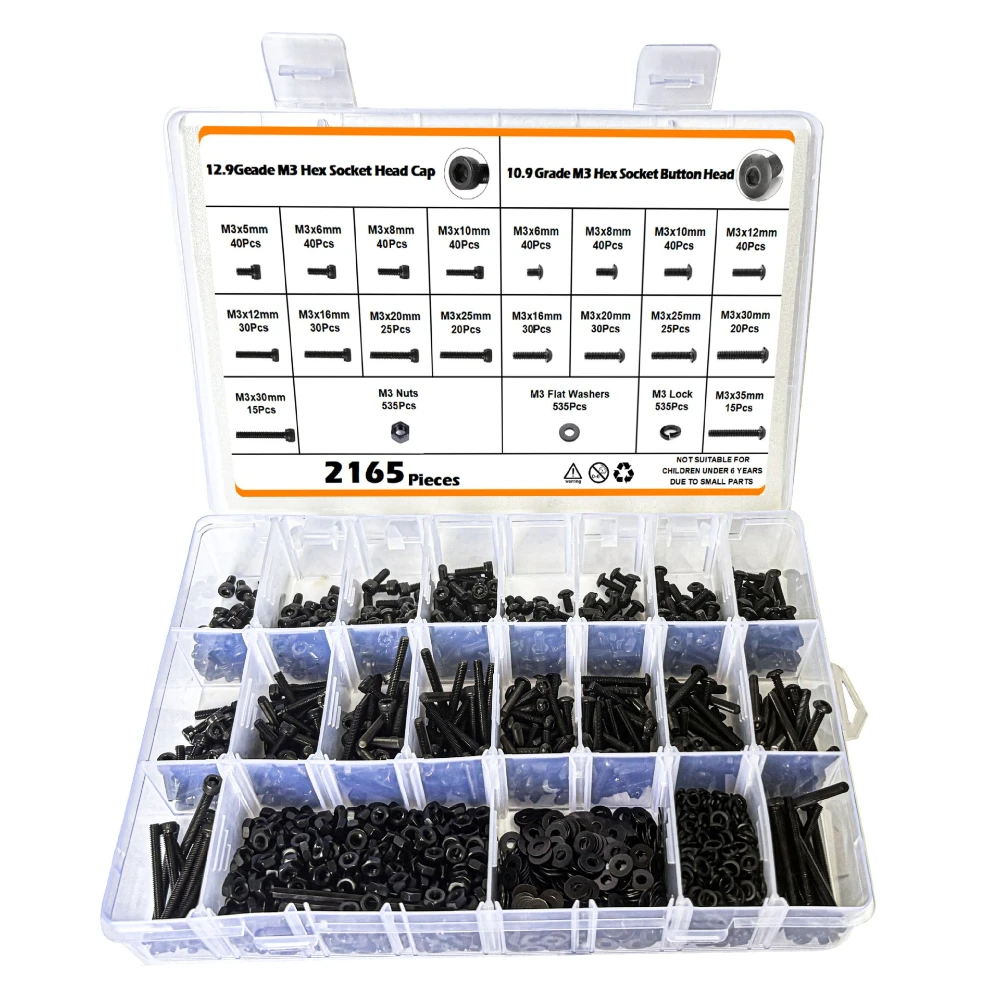 

2165pcs Hex Socket Cylindrical/disc Head Screws Nuts Lock Flat Spring Washer Combination Set M3 Hex Socket Screws Box 5mm-35mm