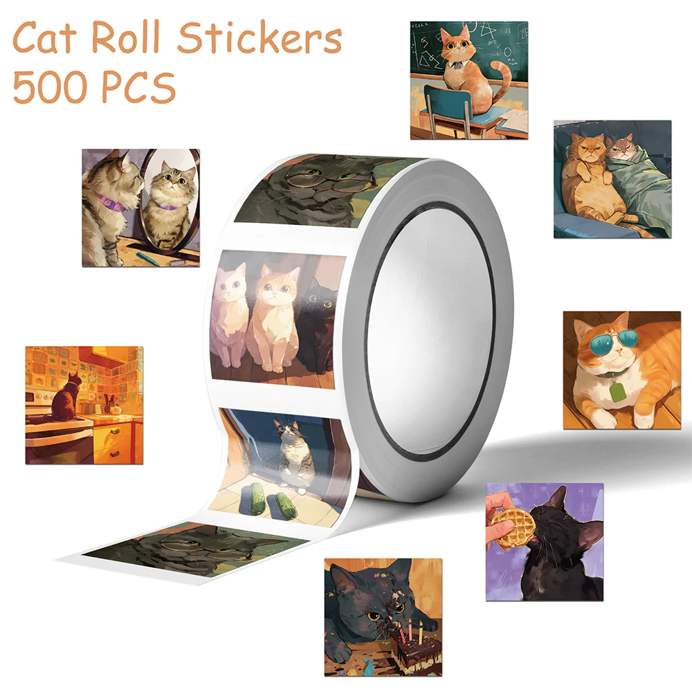 

500pcs Cartoon Cute Cat Roll Stickers Decals For Phone Laptop Scrapbook Suitcase DIY Aesthetic Waterproof Stickers Kids Gifts