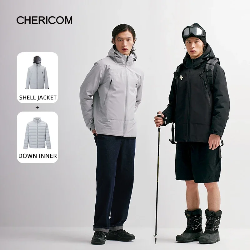 Chericom Winter Down Jacket Short Stand Collar Hooded Goose Down Removable Inner Windproof Warm Sports Casual Jacket Y298609Y