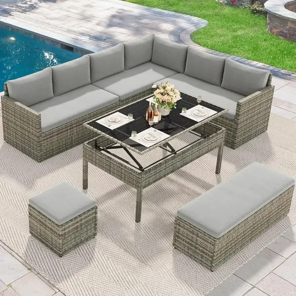 9 Pieces Patio Furniture Set, All Weather Wicker Outdoor Sectional Sofa Conversation Set with Dining Table and Ottoman, Gray